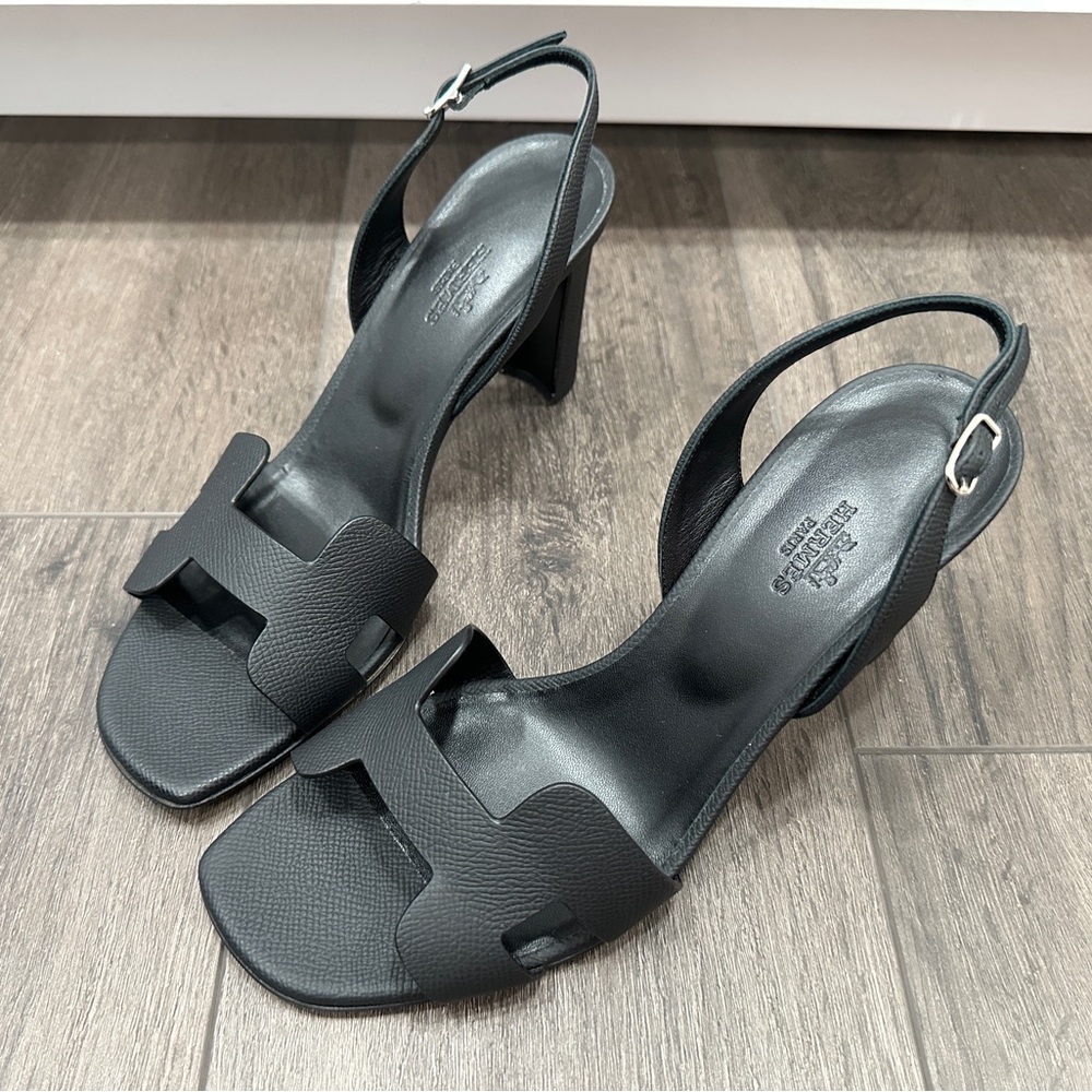 HERMES H ETERNITE 80 SANDALS HIGH HEELS BLACK EPSOM LEATHER SHOES 39.5 - Picture 14 of 16